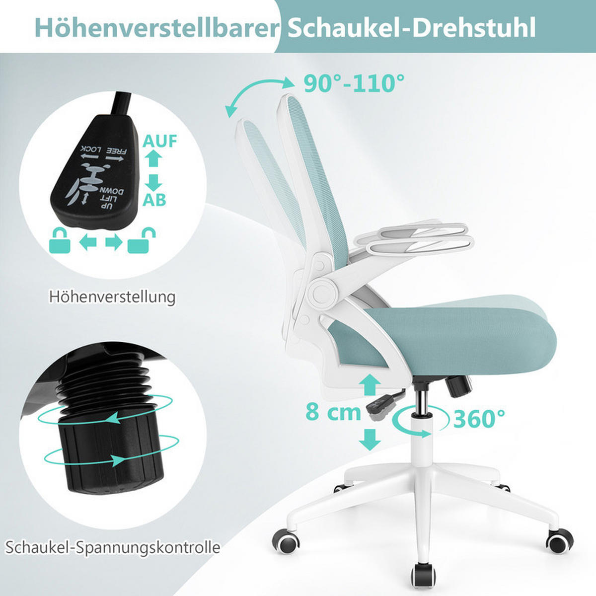 BÜROSTUHL mit klappbaren Armlehnen und Wippfunktion blau - Blau, Metall (63/92/63cm) - COSTWAY