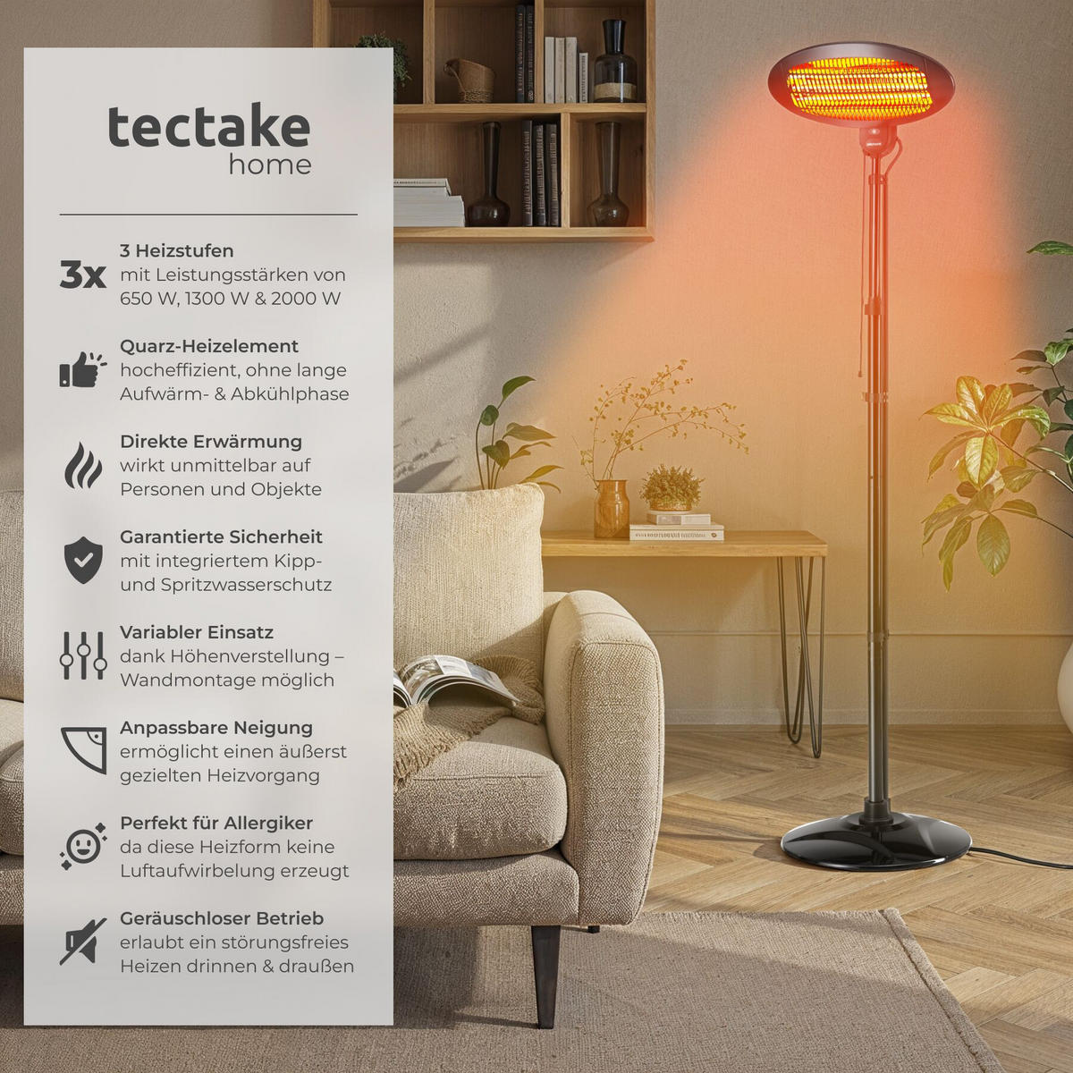INFRAROTHEIZSTRAHLER Solaris Monolith, Wandmontage möglich, 50 x 50 x 136 - 213 cm, schwarz - Schwarz, Metall (50/133.5/49cm) - tectake