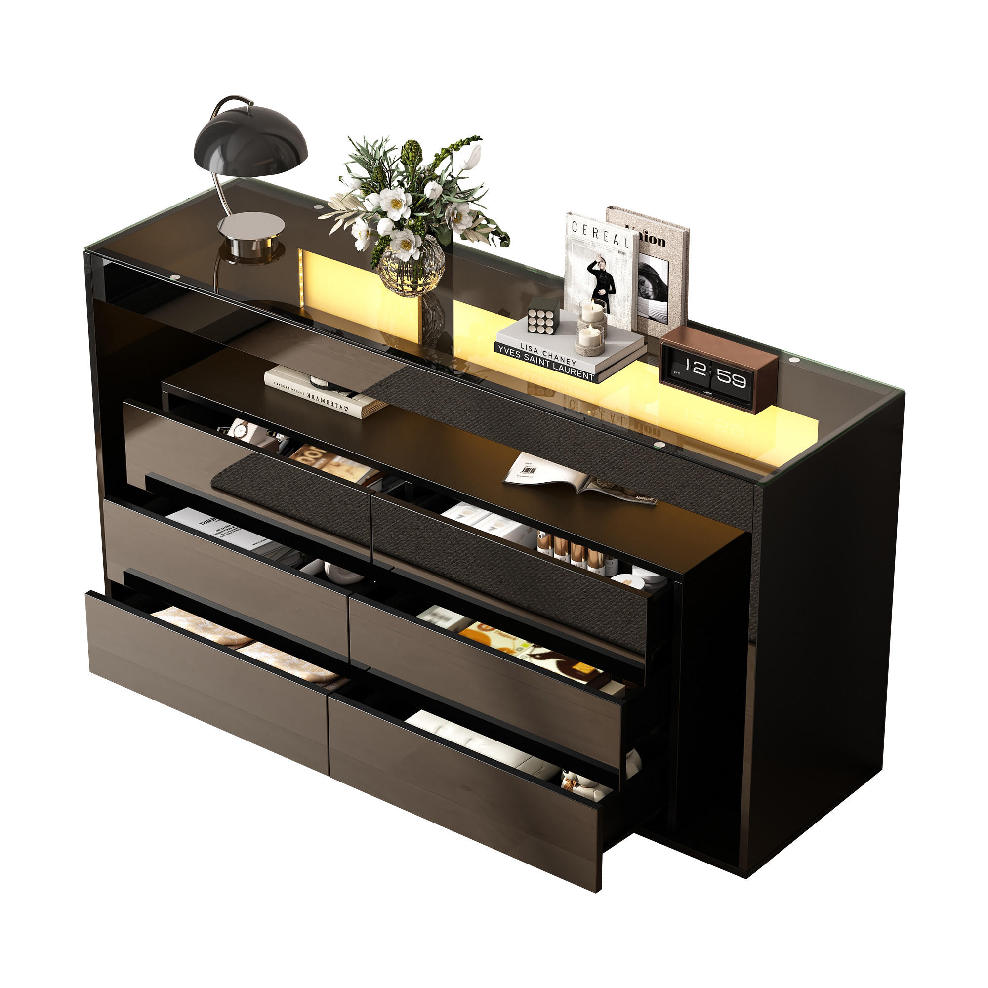 SIDEBOARD, 6 Schubladen, LED, Glasplatte, Hochglanz, Schwarz - Schwarz, Holzwerkstoff (40/70/140cm) - FLIEKS