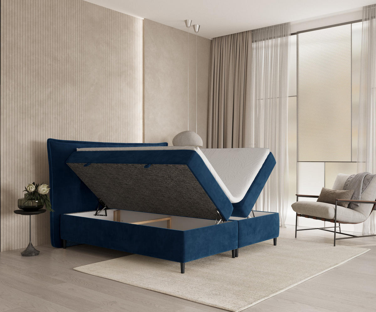 BOXBETT Sinai Dunkelblau 140/200 cm mit Taschenmatratze und Topper - Schwarz/Dunkelblau, Holz/Holzwerkstoff (140/200cm) - Maison de Reve