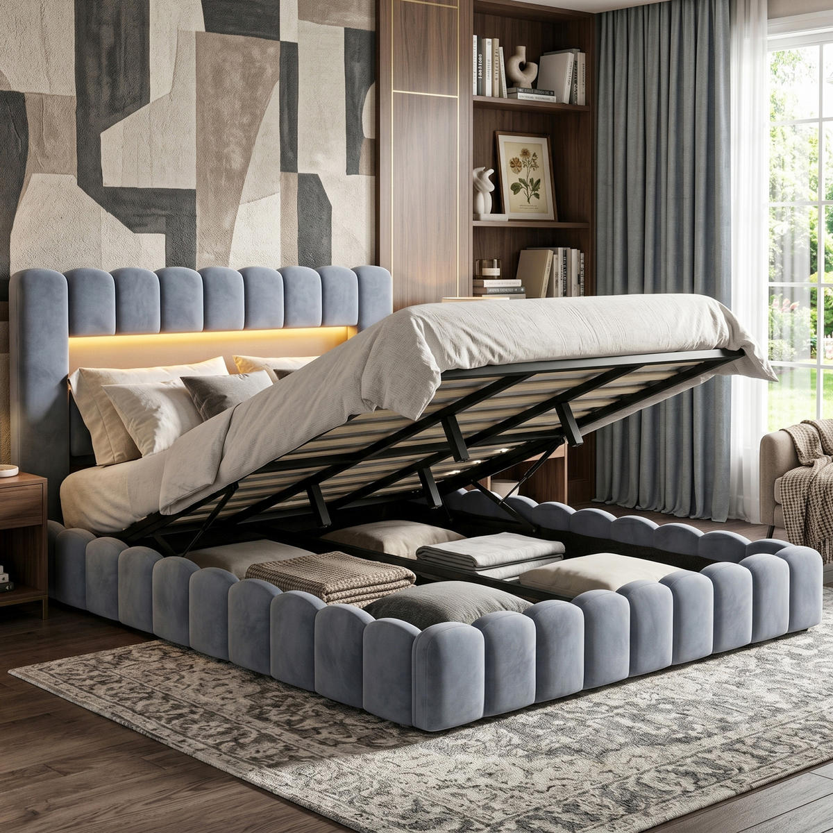 POLSTERBETT Bogen-Design 180/200 cm mit Gaslift-Bettkasten & USB Samtoptik Grau - Grau, Textil (180/200cm) - Creahappy