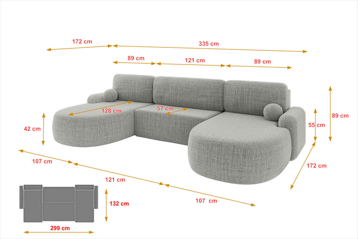WOHNLANDSCHAFT mit Schlaffunktion und Bettkasten LIRA-U - 335x172x89 Hellgrau - Hellgrau, Holzwerkstoff/Textil (335/89/172cm) - ALTDECOR