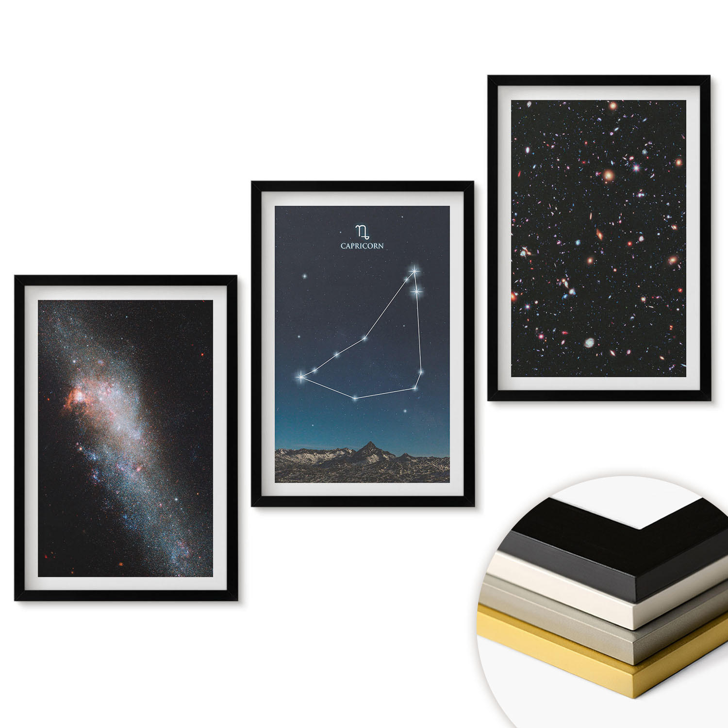 WANDBILDER 3er-Set - 40x60 cm Schwarzer Rahmen - Galaxie im Sternbild Steinbock - Schwarz, Kunststoff (40/60cm) - ArtPrintCave
