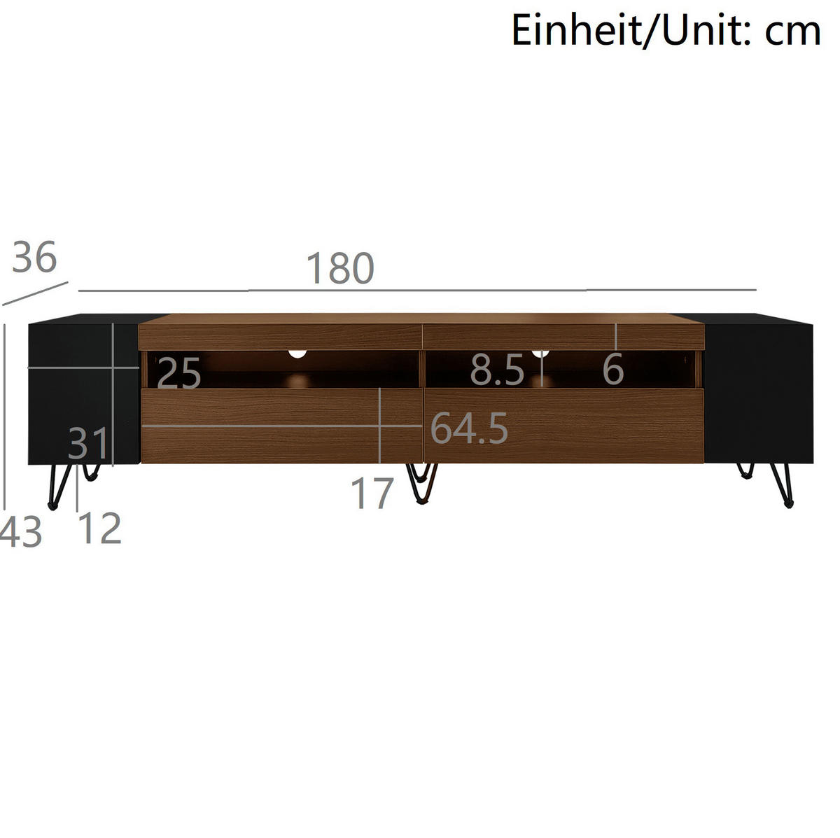 NÍZKÁ komoda, 180/36/43 cm černá/dřevodekor, s úložným prostorem - černá, kompozitní dřevo (180/43/36cm) - BEAOK