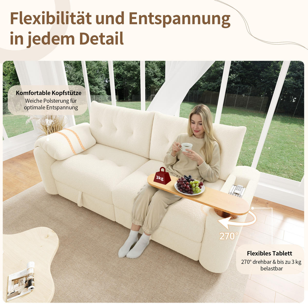 3-SITZER SOFA teddy beige modular 207cm mit stauraum tisch - Beige, Textil (207.5/87/80cm) - Urban Meuble