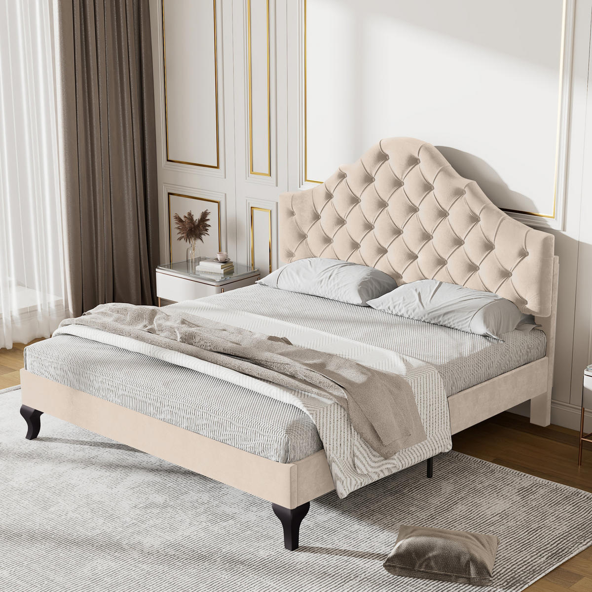 POLSTERBETT 140/190 cm beige aus Samt mit höhenverstellbarem Kopfteil - Beige, Textil (140/190cm) - OKWISH