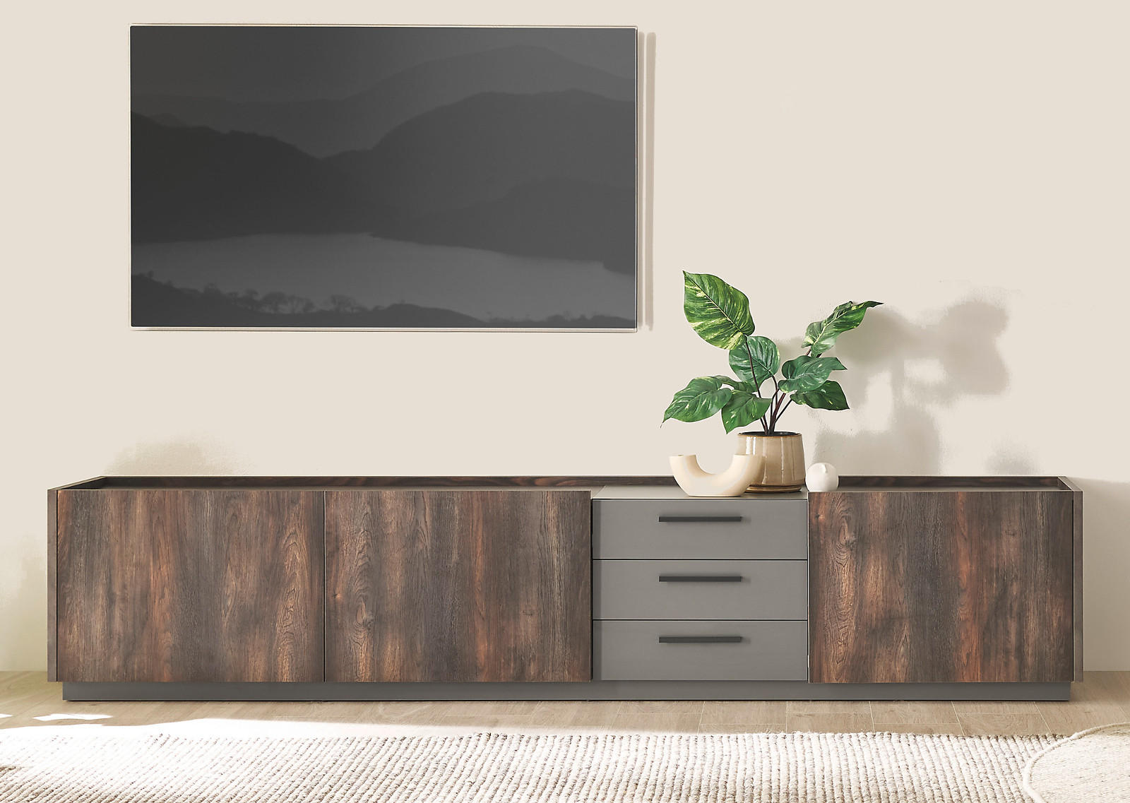 TV-LOWBOARD Thermo Eiche, grau, XXL TV Unterteil mit Soft-Close 240 cm - Eichefarben/Schwarz, Holzwerkstoff/Kunststoff (240/50/45cm) - Furn.Design
