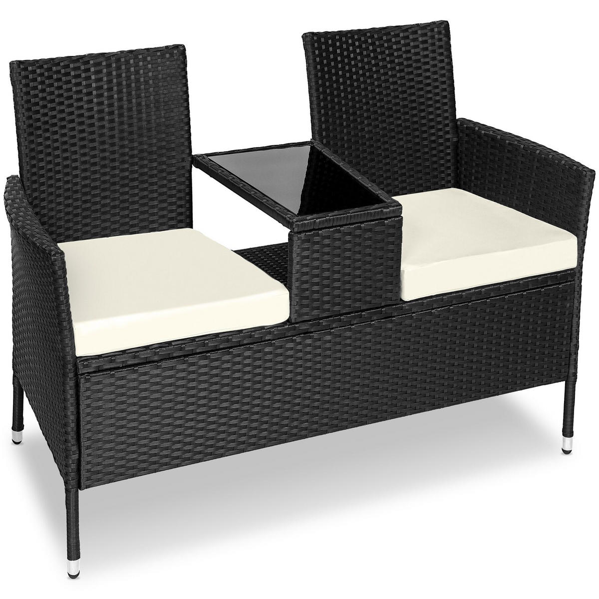 RATTAN GARTENSITZBANK Narbonne, 6 cm Sitzpolster, schwarz/beige - Beige/Schwarz, Kunststoff (61/82/131cm) - tectake