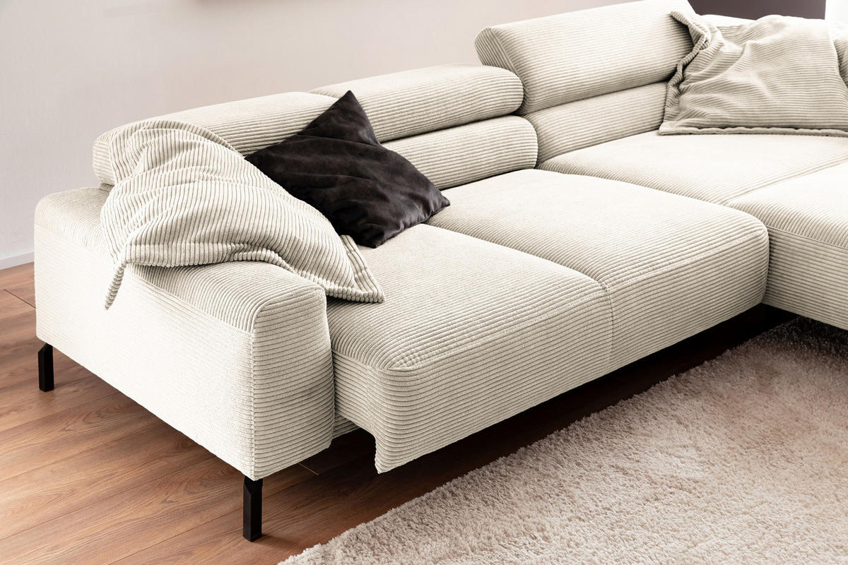 ECKSOFA MIT MOTORISCHEM SITZVORZUG DELIA Cremeweiß Cord - Creme/Schwarz, Textil/Metall (312/219cm) - KAWOLA