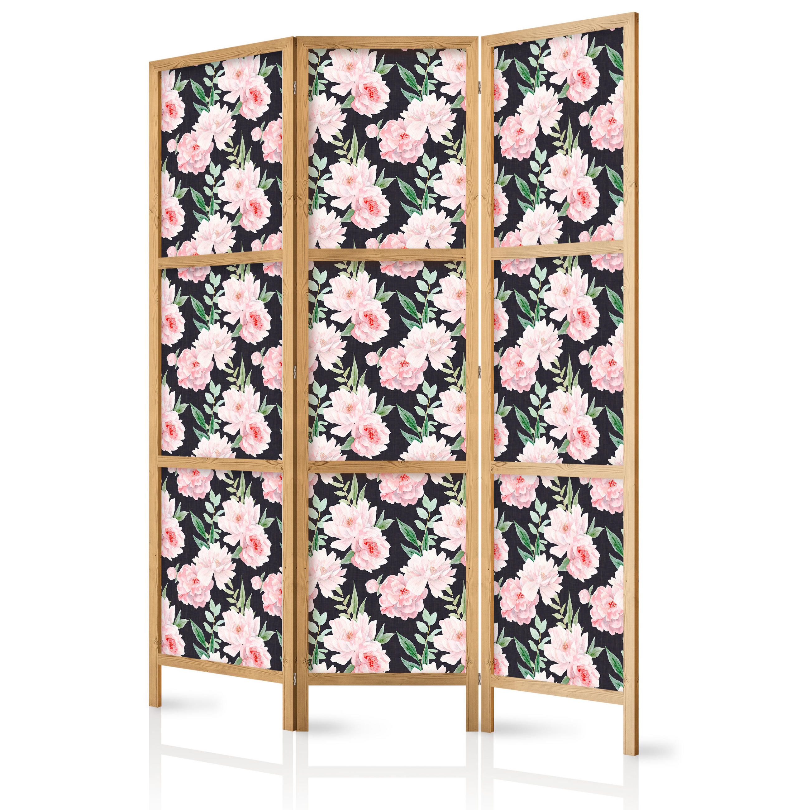 PARAVENT Japanischer 3-tlg 135x172 cm Pfingstrosen - Multicolor, Holz/Textil (135/172/3cm) - Muralo