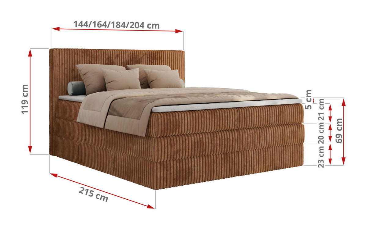 BOXSPRINGBETT TILIANO KING - 140/200 - Orange Cord - H3 - Orange, Holz/Textil (140/200cm) - MKS