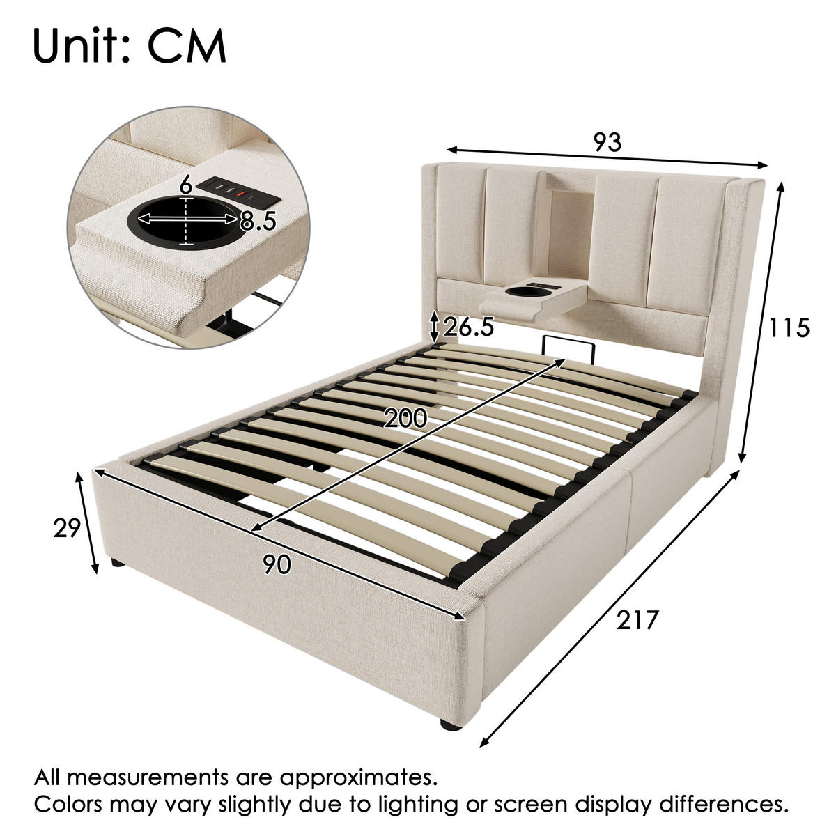 POLSTERBETT 90/200 cm Beige mit Stauraum und integrierter Ladestation mit Matratze aus Leinen - Beige, Textil (90/200cm) - OKWISH