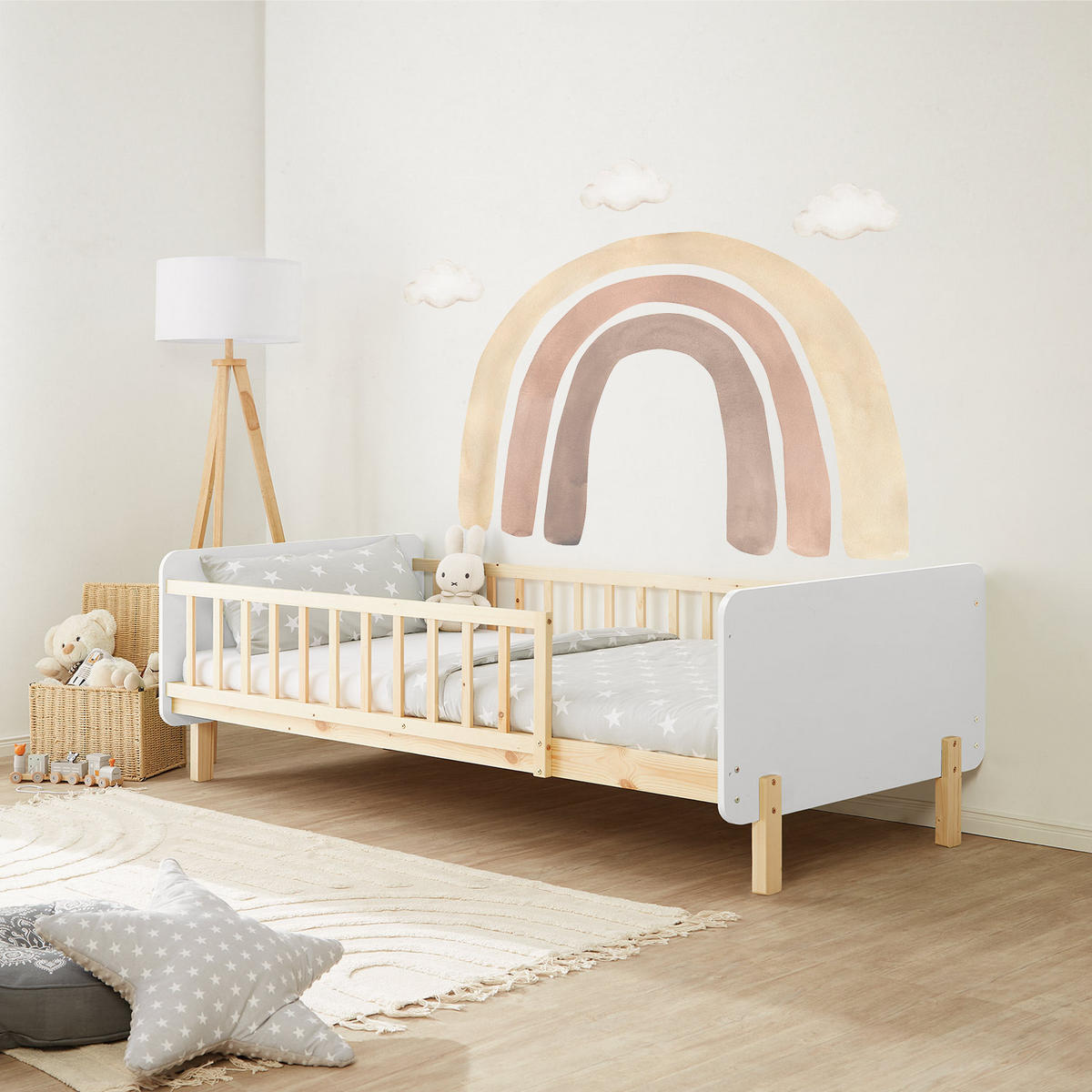 KINDERBETT Weiß 90/200 Lattenrost Matratze Rausfallschutz - Weiß, Holz (100/67/208cm) - Homestyle4u