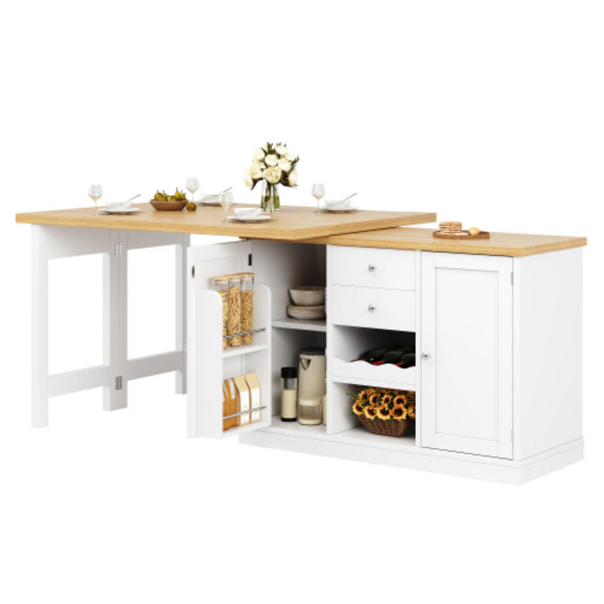KÜCHENINSEL 120-197×40×74 cm aus MDF und Metall mit 360° drehbarer ausziehbarer Tischplatte, weiß - Weiß, Holzwerkstoff (197/74/40cm) - Luhomfu