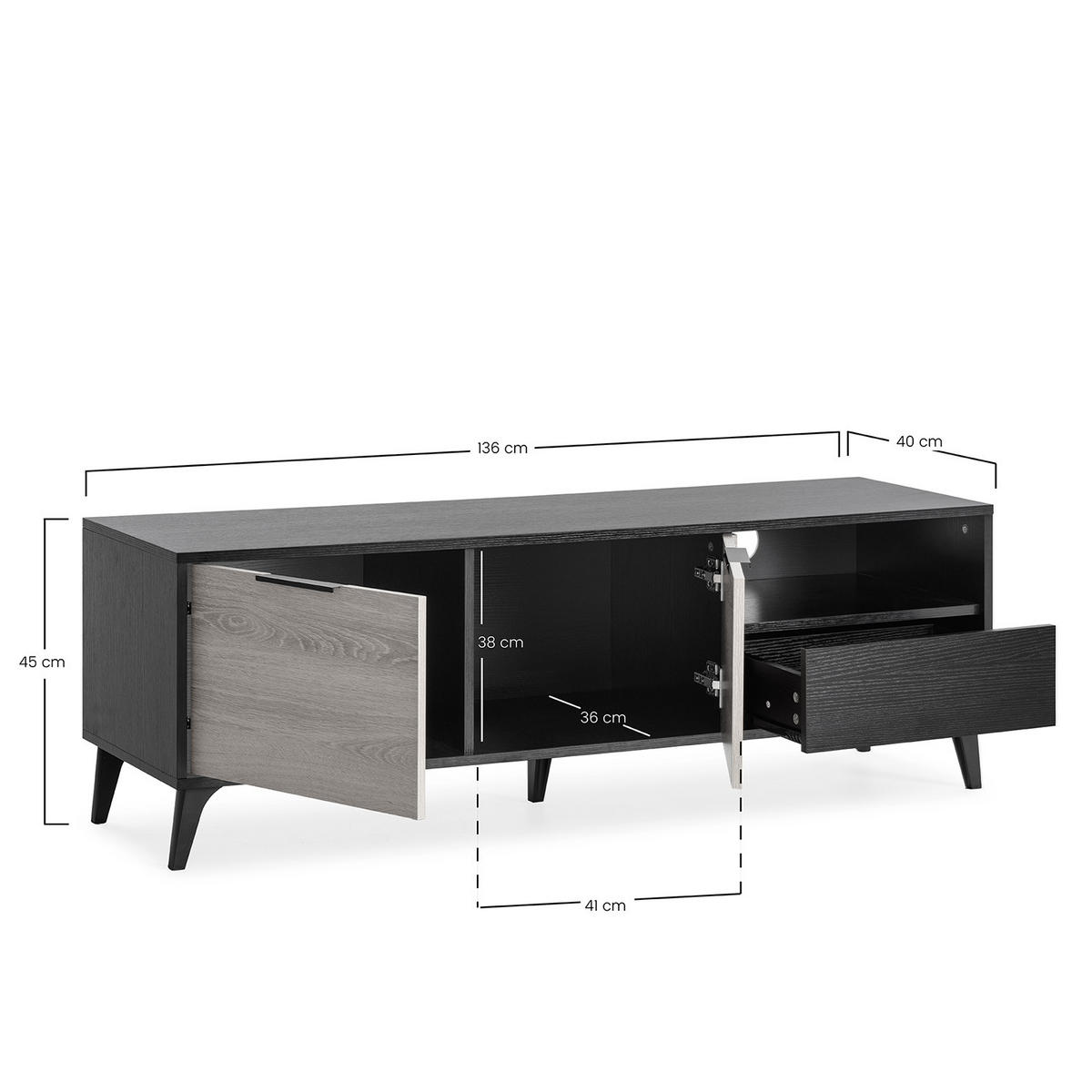 TV-ELEMENT Kalma 2 Türen 1 Schublade - Schwarz, Holzwerkstoff (136/45/40cm) - VS Venta-stock