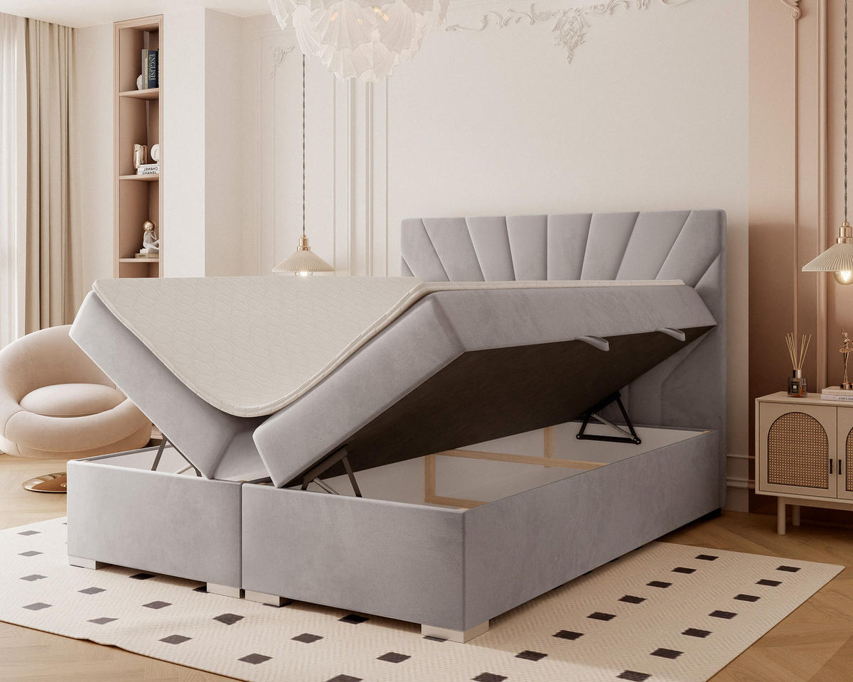 BOXBETT OASIS 140/200 cm mit Matratze und Topper, Grau - Chromfarben/Grau, Textil/Metall (140/200cm) - Idohome