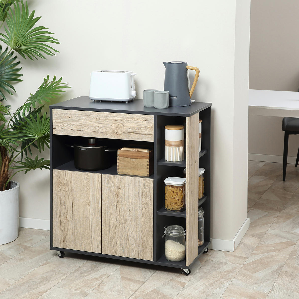 KÜCHENWAGEN, multifunktional, Schublade, Schrank, 4 Rollen, Holz/Schwarz, 80x39x86,5cm - Multicolor, Metall (80/86.5/39cm) - FORIOUS