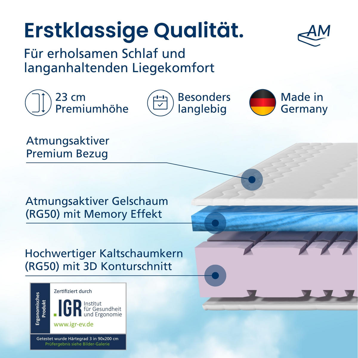 GELMATRATZE 120/200 cm H3 - 23cm Höhe & Tencel Bezug - Weiß, Textil (120/200cm) - AM Qualitätsmatratzen