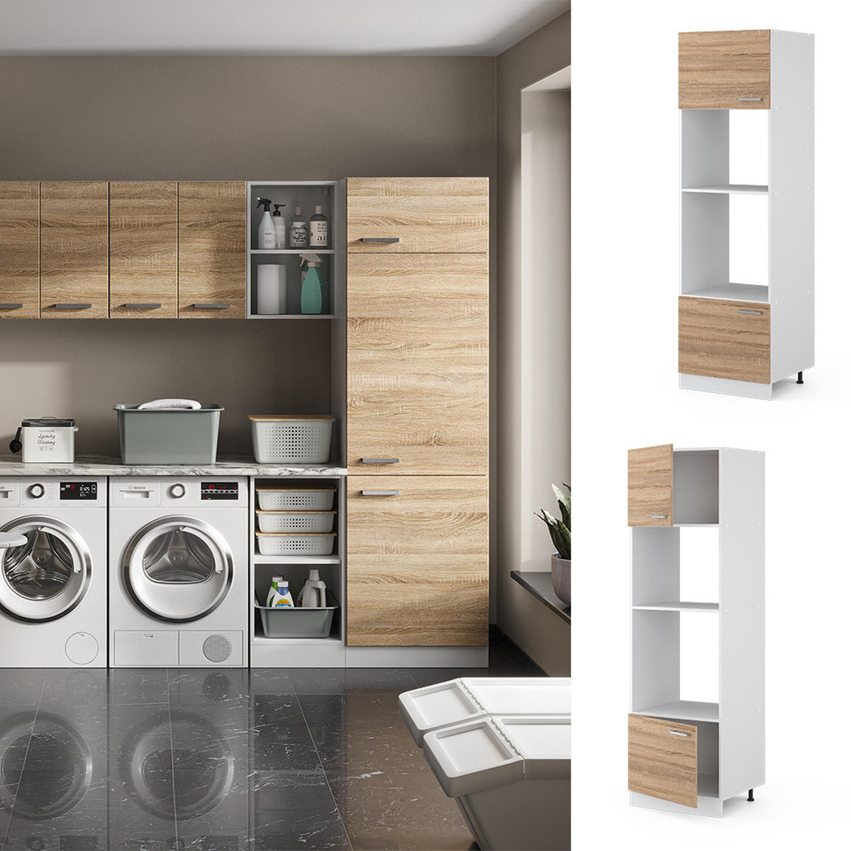 HOCHSCHRANK R-Line Sonoma 60 cm mit offenen Regalen, und Türen - Weiß/Sonoma Eiche, Holzwerkstoff (60/207/57.2cm) - Vicco