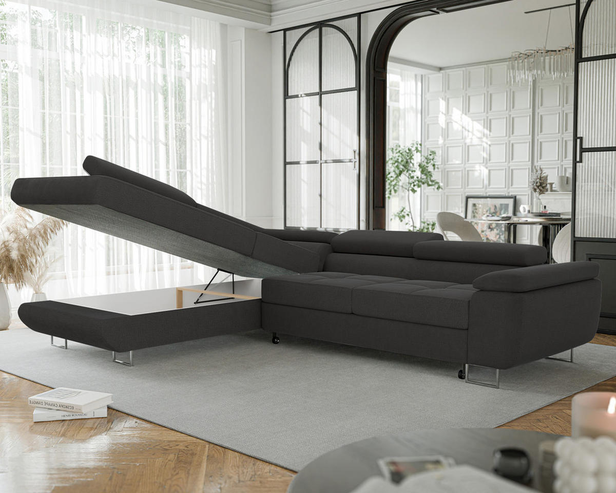 ECKSOFA ANTON mit Schlaffunktion und Bettkasten Anthrazit - Anthrazit, Holzwerkstoff/Kunststoff (274/203cm) - Idohome