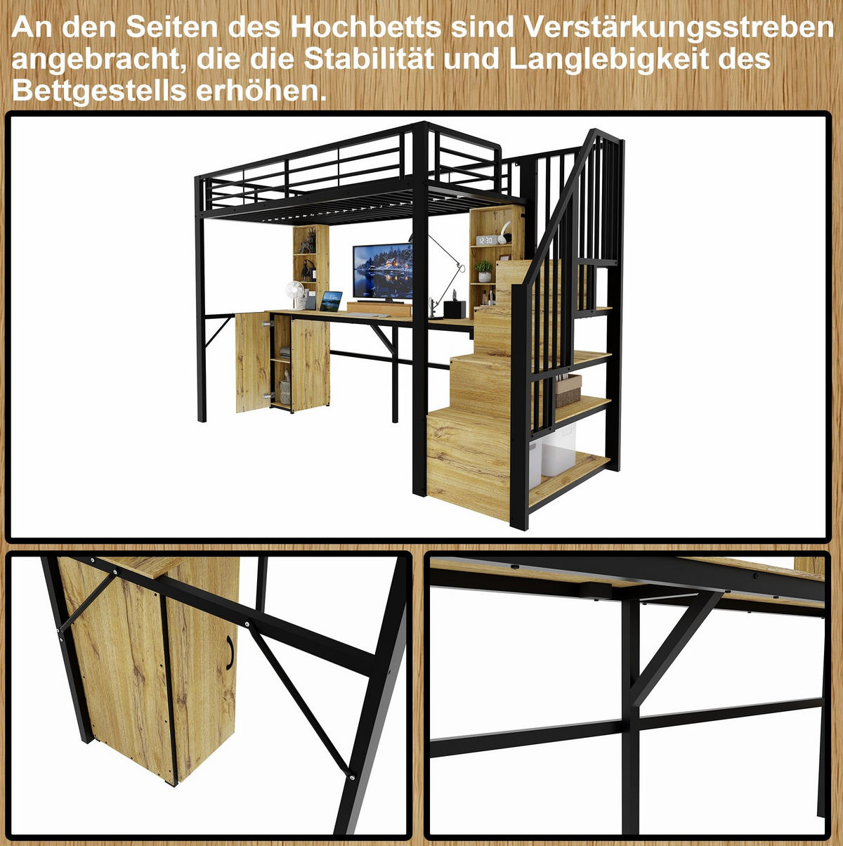 HOCHBETT Metall-Holz 90x200 cm Schwarz mit Schreibtisch, Stauraumtreppe, Schrank & USB-Anschluss - Schwarz, Metall (90/200cm) - Modfu
