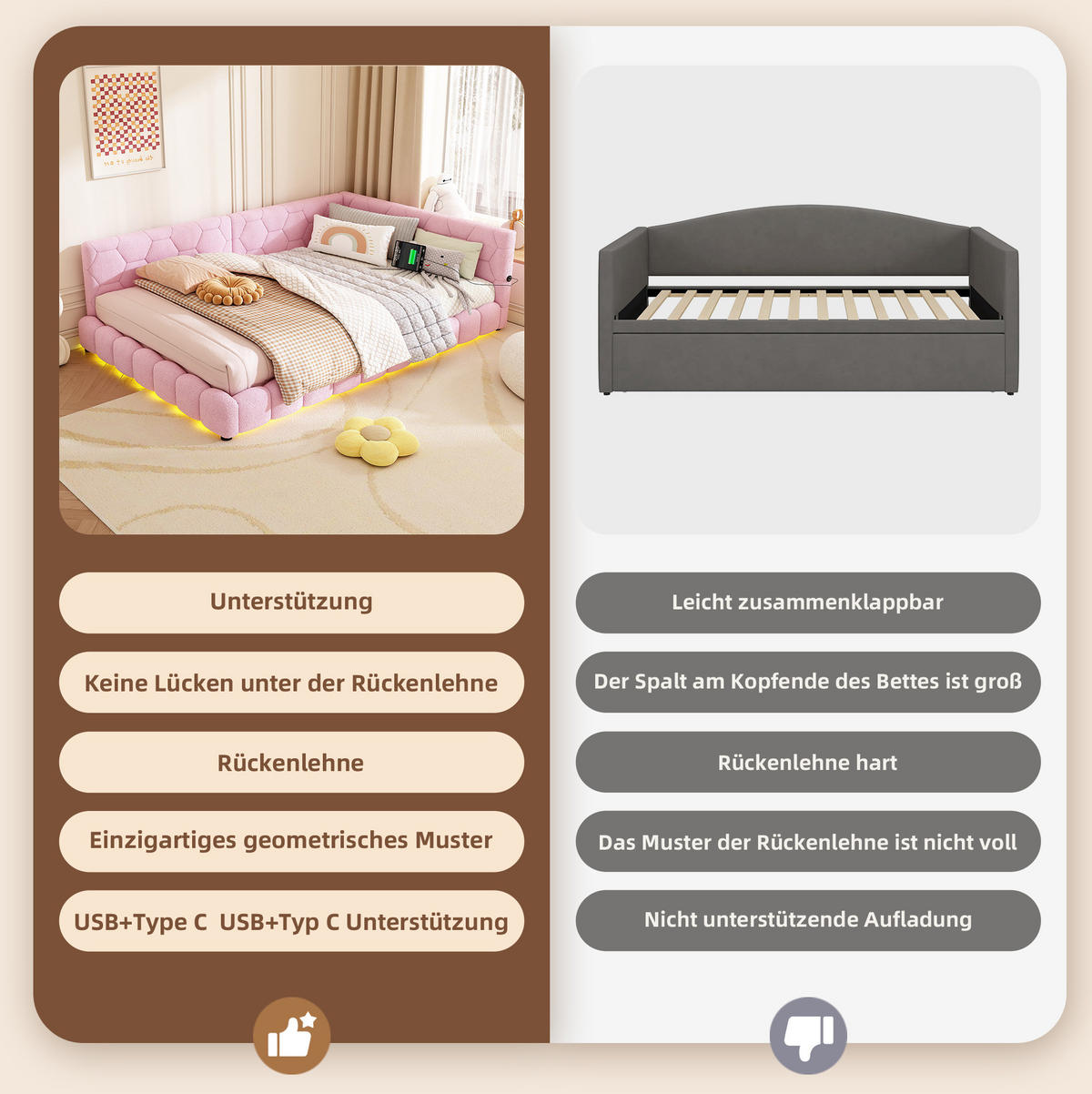 POLSTERBETT 140/200 cm Rosa mit LED-Beleuchtung, USB- und Type-C-Anschlüssen - Rosa, Textil (140/200cm) - Flora Grace