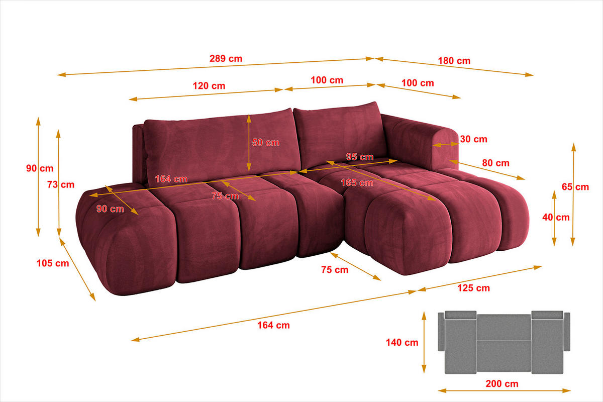 ECKSOFA Ottomane Rechts CLOUD-L 289x180x40 Bordeaux Velours - Bordeaux, Holzwerkstoff/Kunststoff (289/180cm) - ALTDECOR