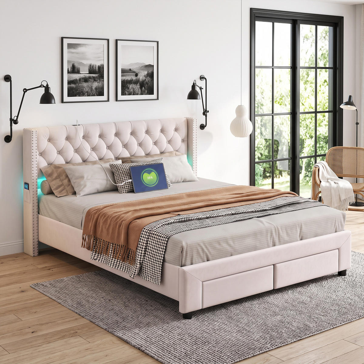 POLSTERBETT 160x200 mit LED und USB, Stauraum, Lattenrost und 2 Schubladen, in cremeweißem Samt - Ecru, Holz/Textil (160/200cm) - GENKI LIVING