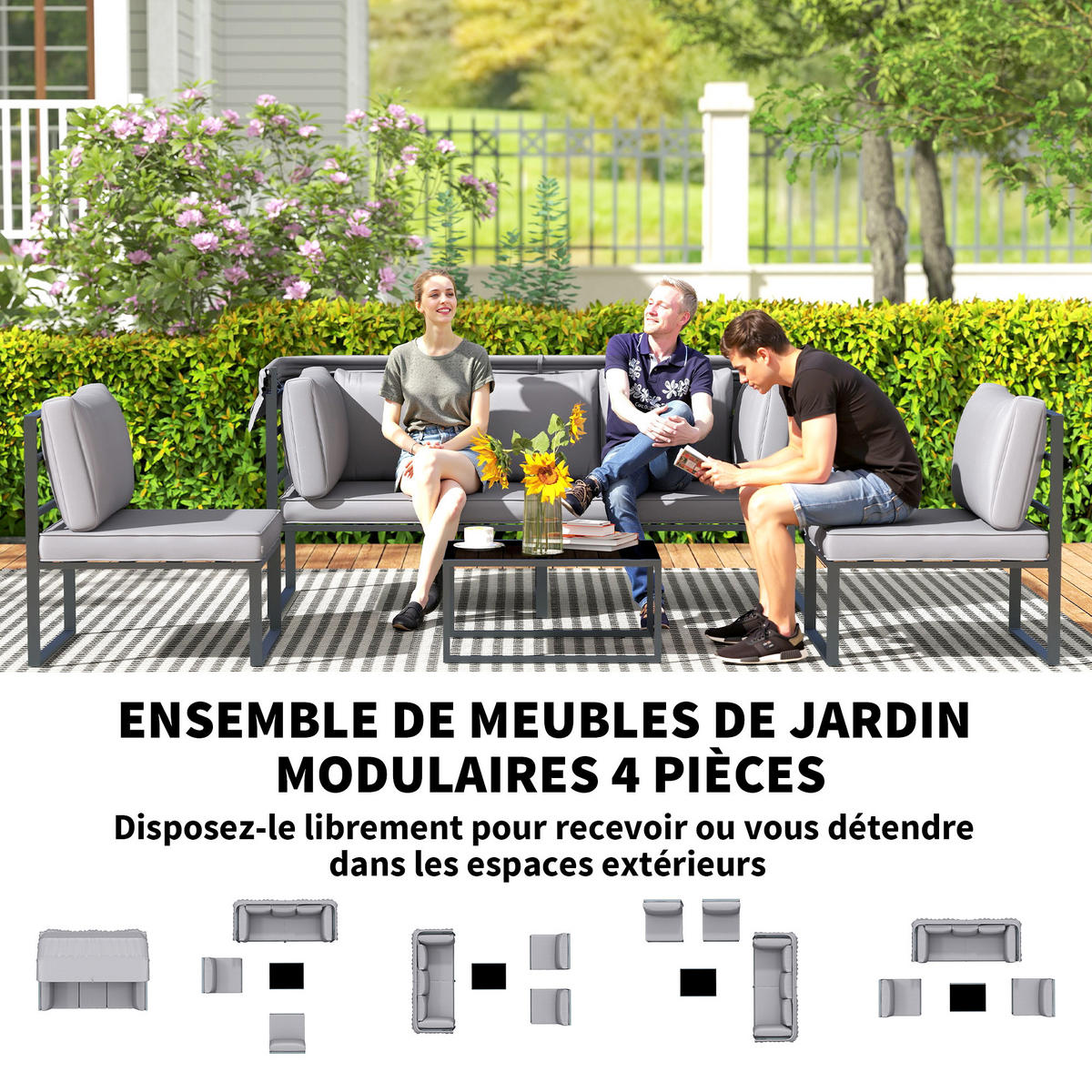 GARTENLOUNGE-SET 4-teilig DE-13429 Grau - Grau, Textil - ComfortXL
