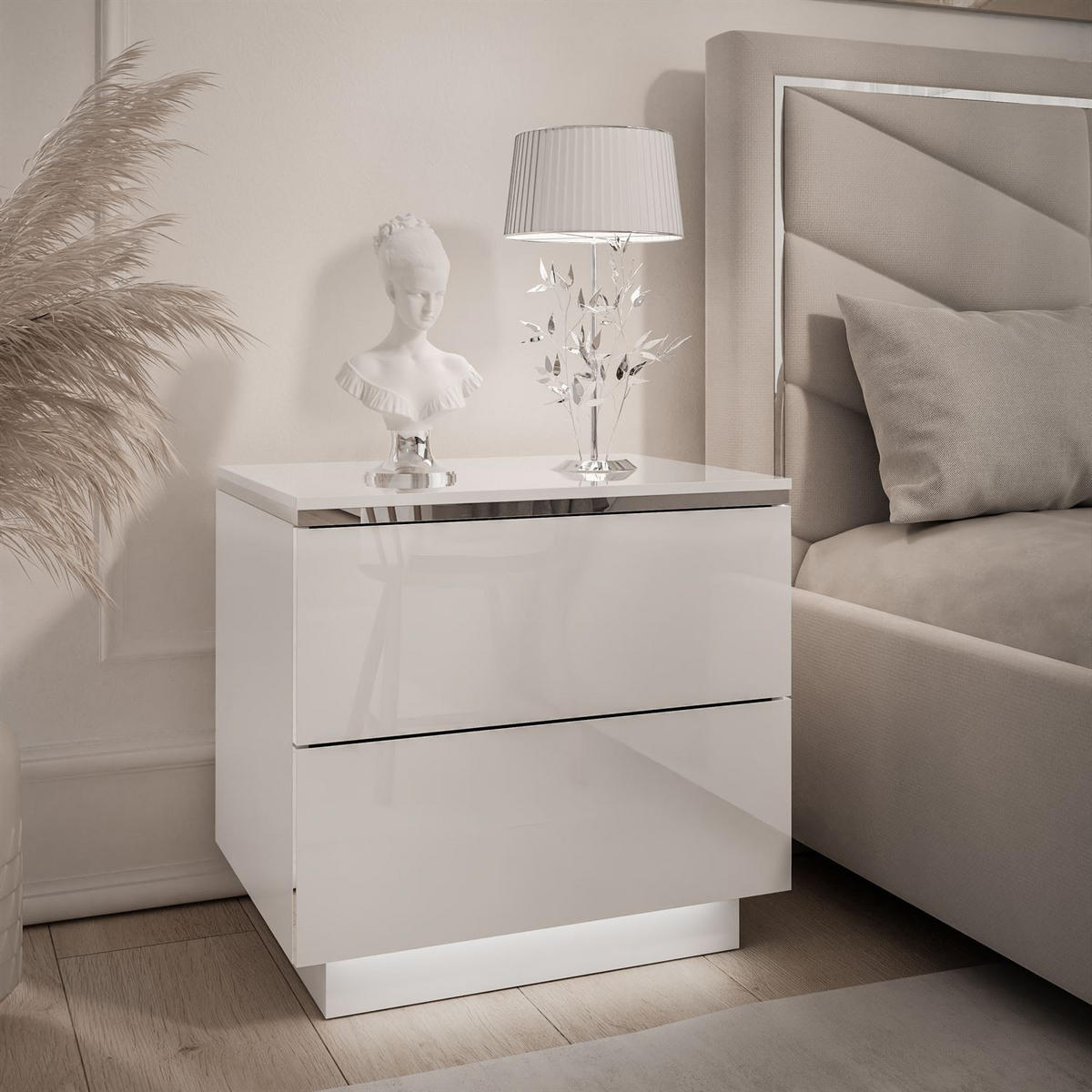 NACHTTISCH AURORA II SILVER Hochglanz Weiß mit LED-Beleuchtung – mit Sockel - Weiß Hochglanz, Holzwerkstoff (50/48/37cm) - Lookway