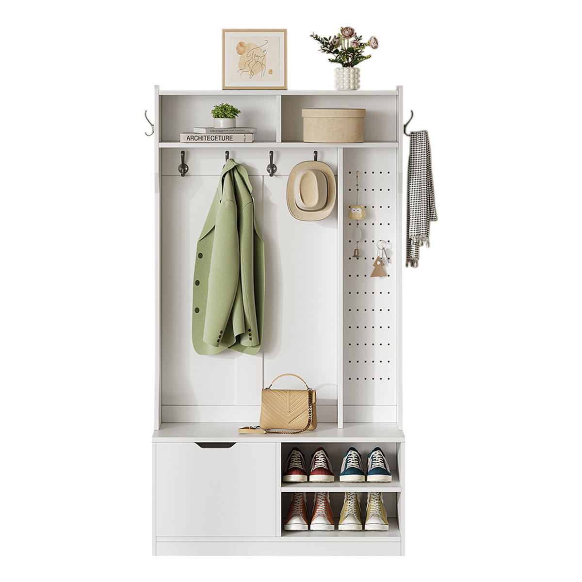 GARDEROBENSET Flurgarderobe mit Sitzbank 6 Haken Weiß 100x40x185.5cm - Weiß, Holzwerkstoff (185.4/40/100cm) - FLIEKS