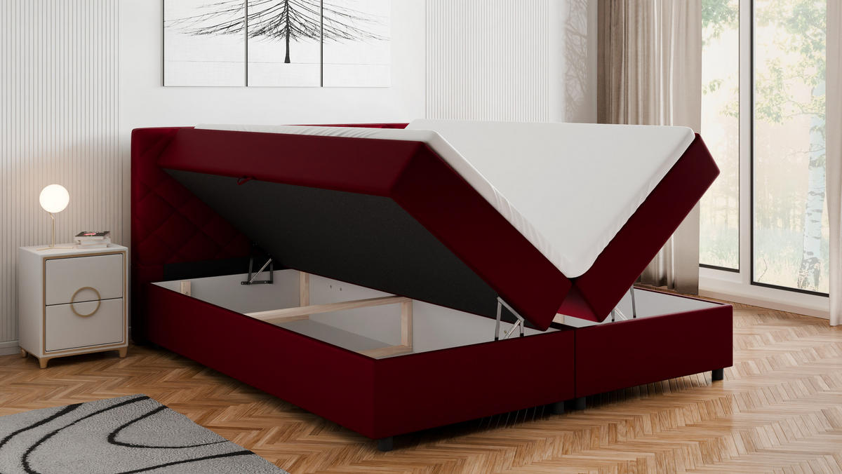 BOXBETT Diamaro 180x200 cm mit Bettkasten und Topper - Rot - Rot, Holz (180/200cm) - Homesy