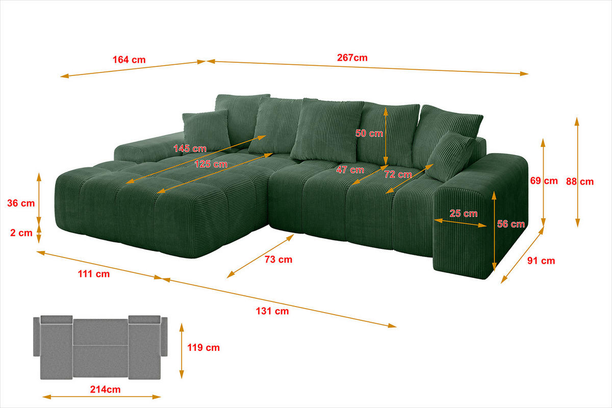 ECKSOFA Ottomane Links ENSI-L - 267x164x88 cm Grün - Grün, Holzwerkstoff/Kunststoff (267/164cm) - ALTDECOR