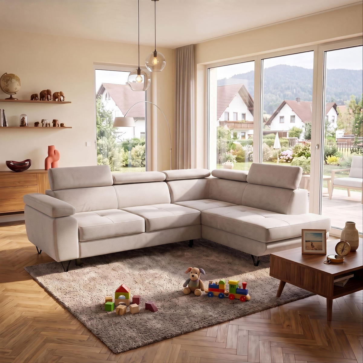 ECKSOFA JUNIOR L Rechts mit Schlaffunktion 194x128 Velours Creme - Creme/Schwarz, Holz/Textil (184/249cm) - Muffo