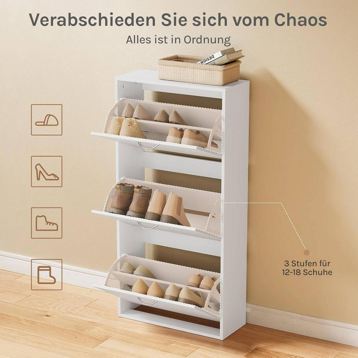 SCHUHKIPPER 58x23x118 cm, Weiß - Silberfarben/Weiß, Holzwerkstoff (58/118/23cm) - Woltu