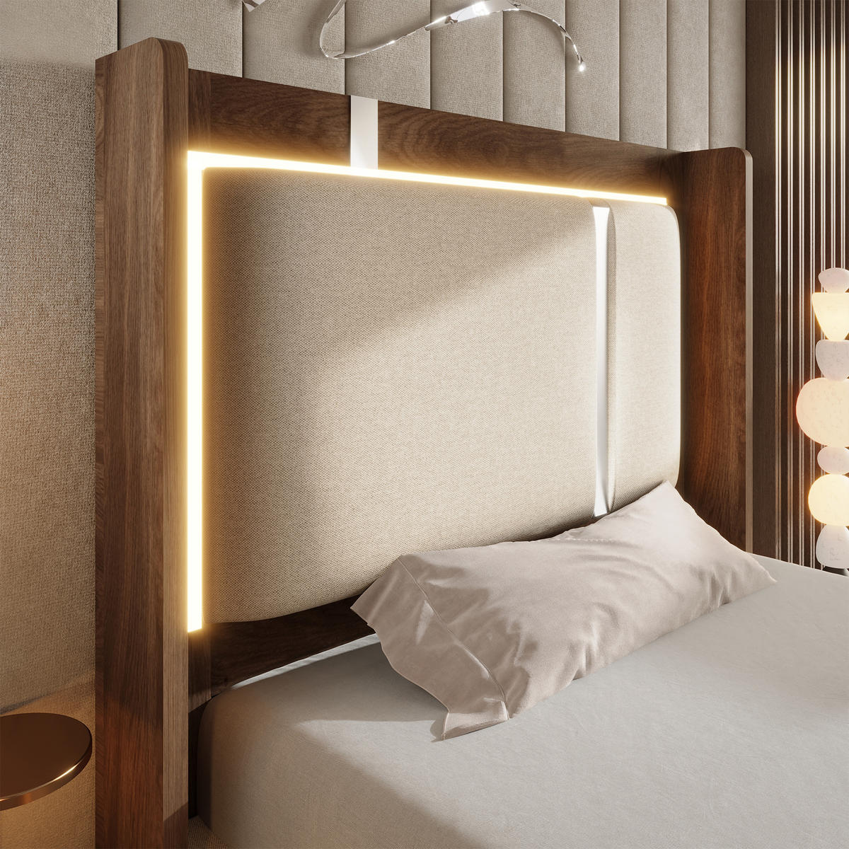 ČALOUNĚNÁ POSTEL 90/200 cm v béžové a ořechové barvě s úložným prostorem a LED - béžová, kov/kompozitní dřevo (90/200cm) - CHICFURN