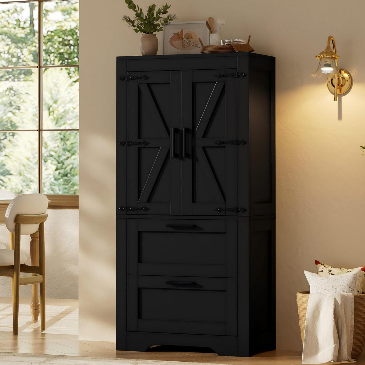 HIGHBOARD DE-38698 60/30/128 cm 2 Schubladen und Scheunentür Schwarz - Schwarz, Holzwerkstoff (60/128/30cm) - ComfortXL