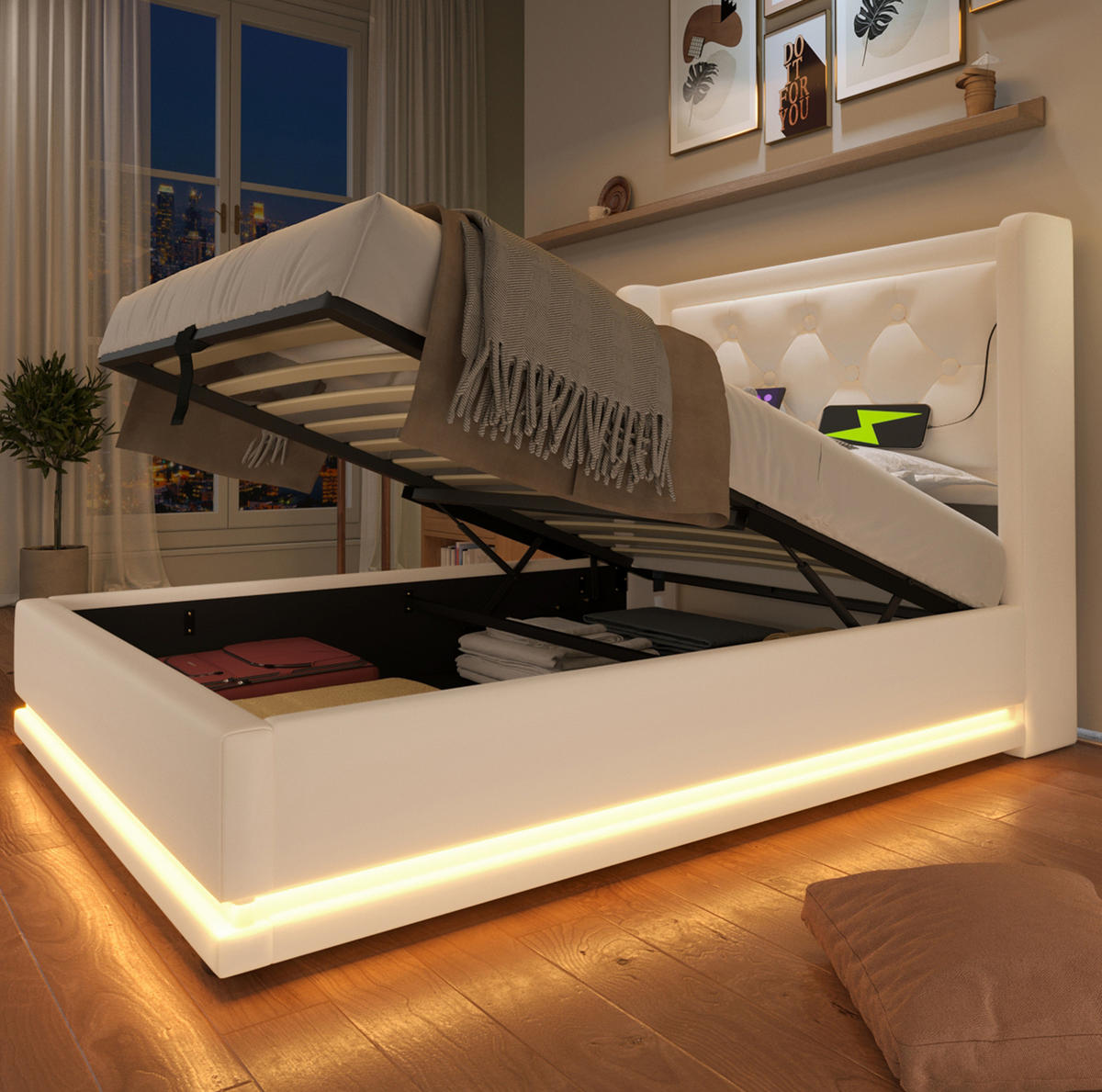 POLSTERBETT aus Kunstleder 90x200 cm in Weiß mit LED & USB/Typ-C - Weiß, Leder (90/200cm) - Modfu