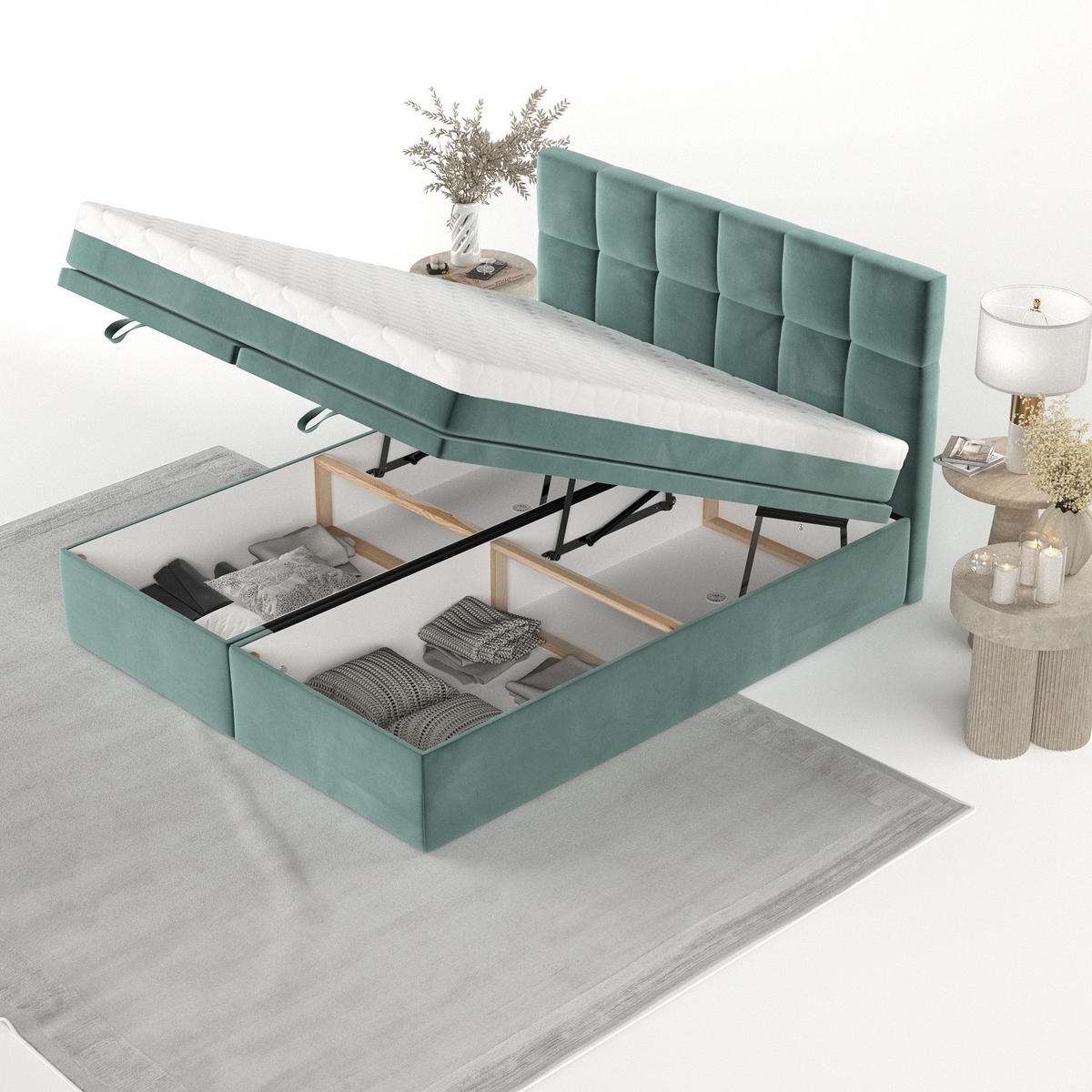 BOXBETT Elano 200/200 cm Türkis im Kronos Stoff - Türkis/Schwarz, Holz/Holzwerkstoff (200/200cm) - AltaBeds