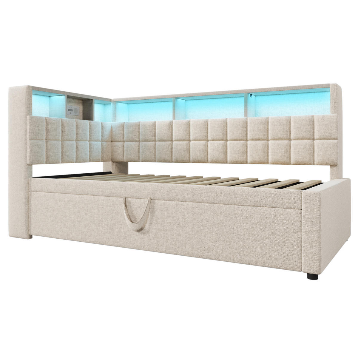 POLSTERBETT 90/200 cm aus Leinen-Baumwolle mit Ausziehbett LED Bluetooth und USB-C Beige - Beige, Textil (90/200cm) - Modenvie