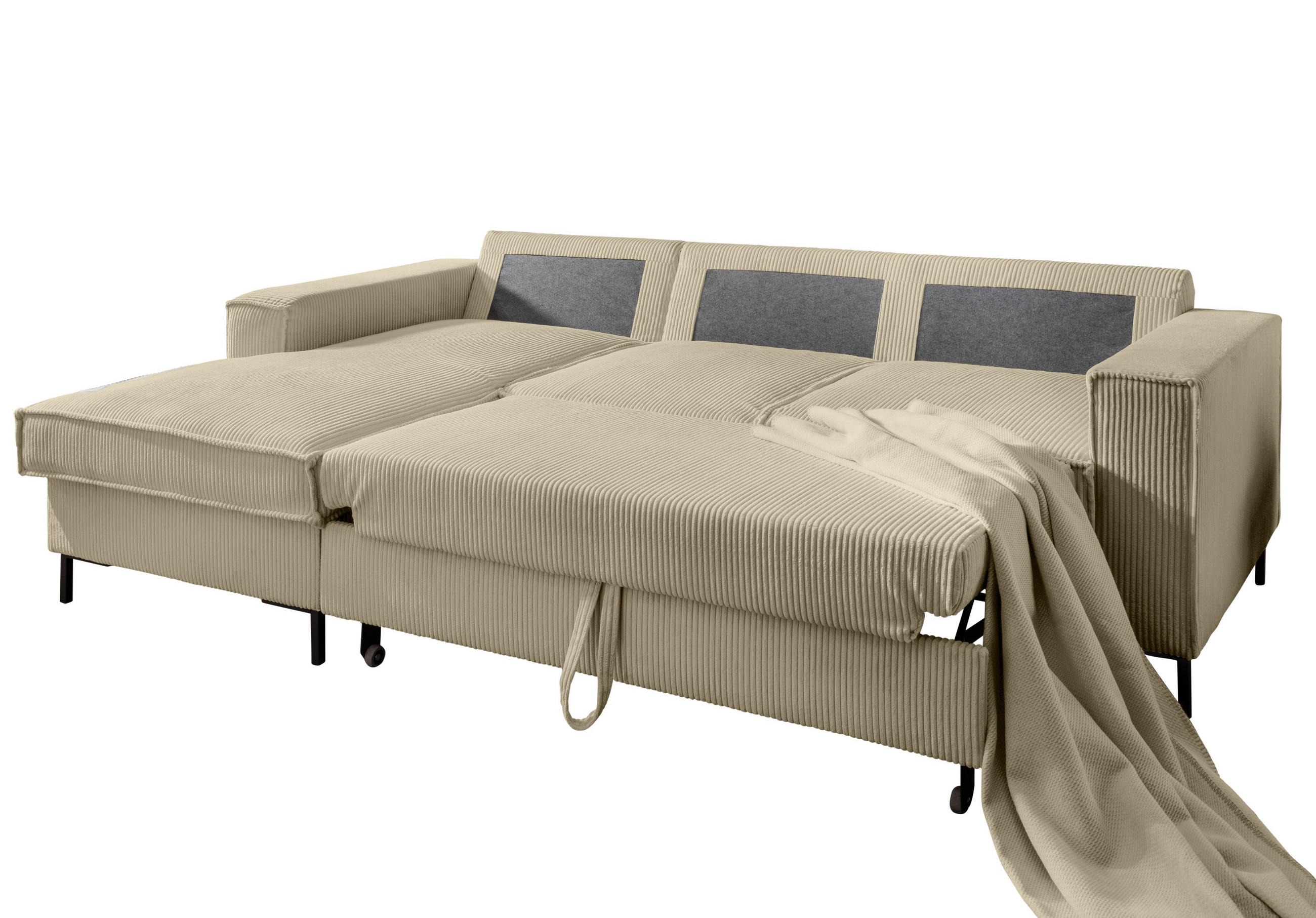 ECKSOFA mit Schlaffunktion, Bettkasten, Wellenunterfederung, Récamiere links B240/T150/H92 cm, Liegefl. 125x198 cm, Cord Beige Grau / 17223 - Greige/Beige, Textil/Metall (240/150cm) - luma-home