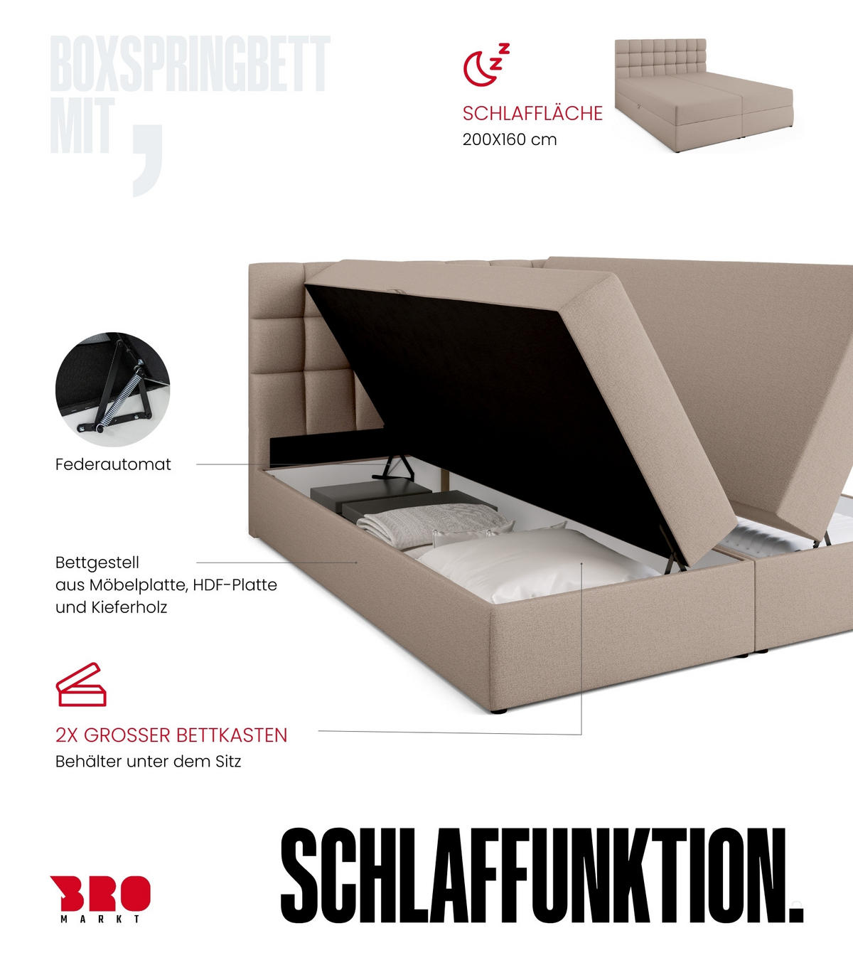 BOXBETT Dakota mit Topper 160/200 Beige - Beige, Textil (160/200cm) - Bromarkt