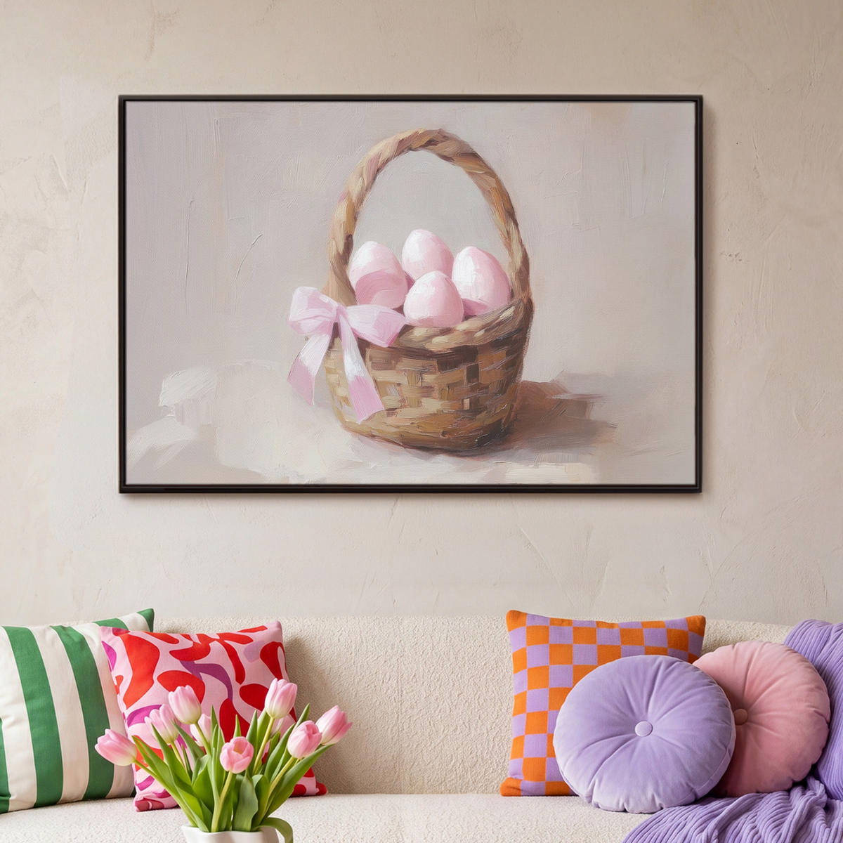 LEINWAND Bilder mit Rahmen - Korb - Eier - Rosa - 90x60 - Beige, Textil (90/60cm) - MuchoWow