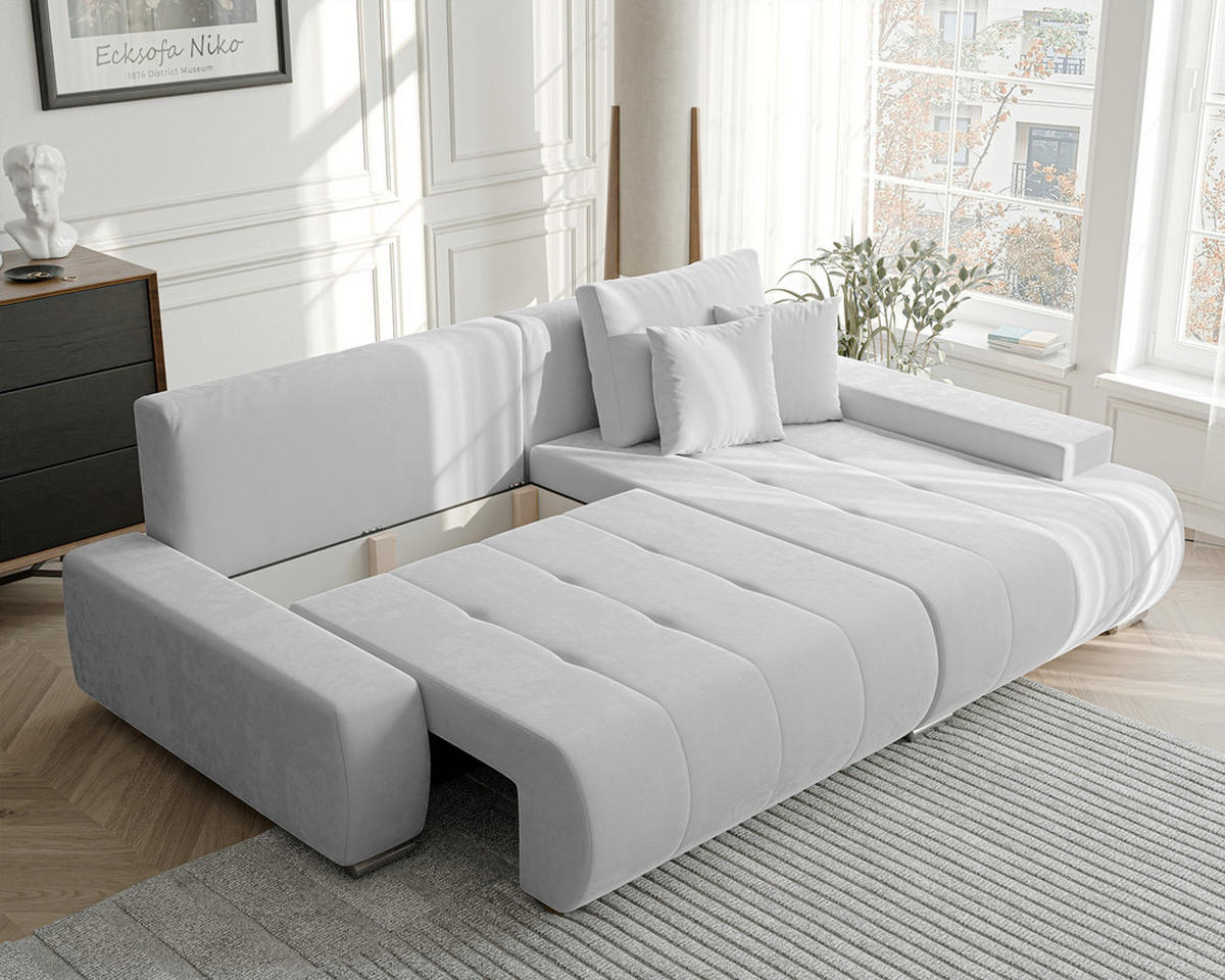 ECKSOFA NIKO Rechts, mit Schlaffunktion und Bettkasten, Hellgrau - Hellgrau, Textil (227/153cm) - Idohome