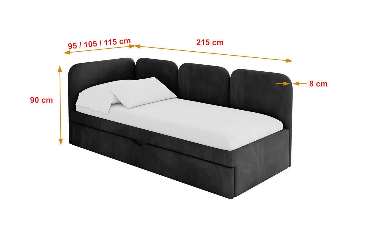 EINZELLBETT Jugendbett mit Bettkasten, Rechts - ALVY 80x200 Schwarz - Schwarz, Holzwerkstoff/Textil (80/200cm) - ALTDECOR