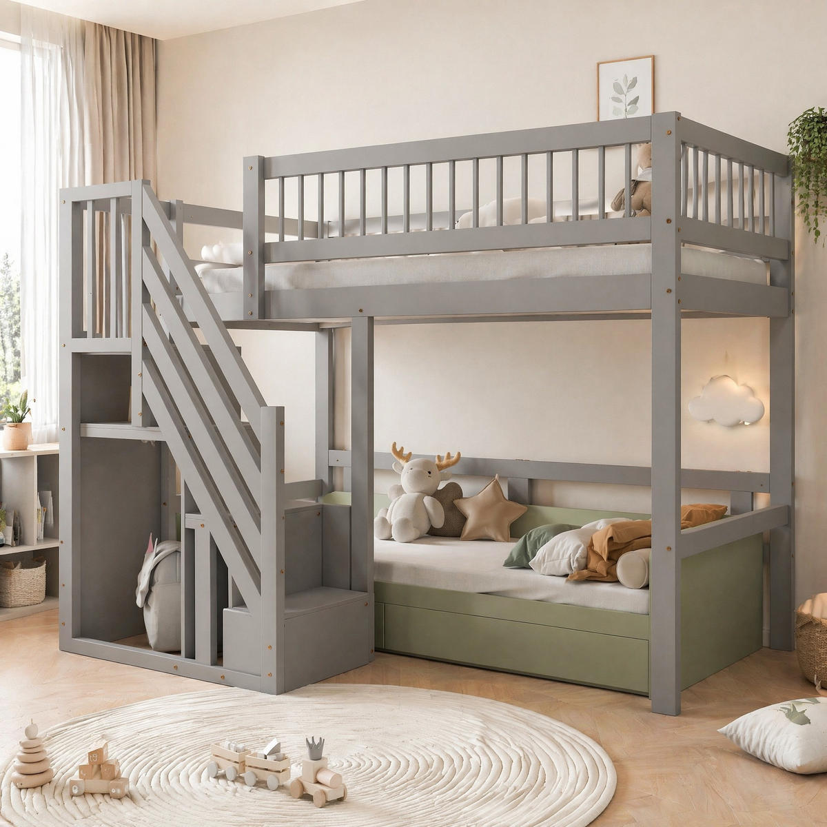 HOCHBETT 90/200 mit Stauraumtreppe und hoher Umzäunung in Grau - Grau, Holz (90/200cm) - EVRYAE