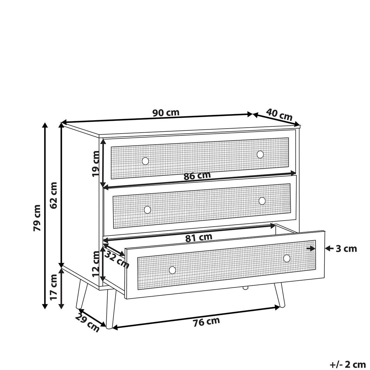 KOMMODE 3 Schubladen Rattan heller Holzfarbton Ponca - Hellbraun/Schwarz, Holzwerkstoff (90/79/40cm) - Beliani