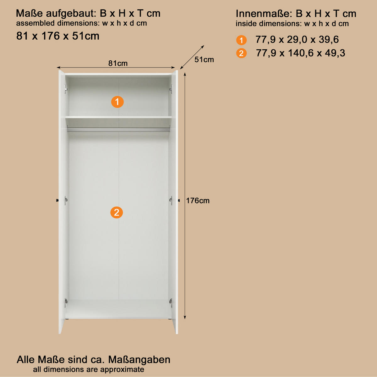 KLEIDERSCHRANK weiß 81 x 176 cm, Drehtürenschrank 2-türig - Schwarz/Weiß, Holzwerkstoff/Kunststoff (81/176/51cm) - Top.Furn