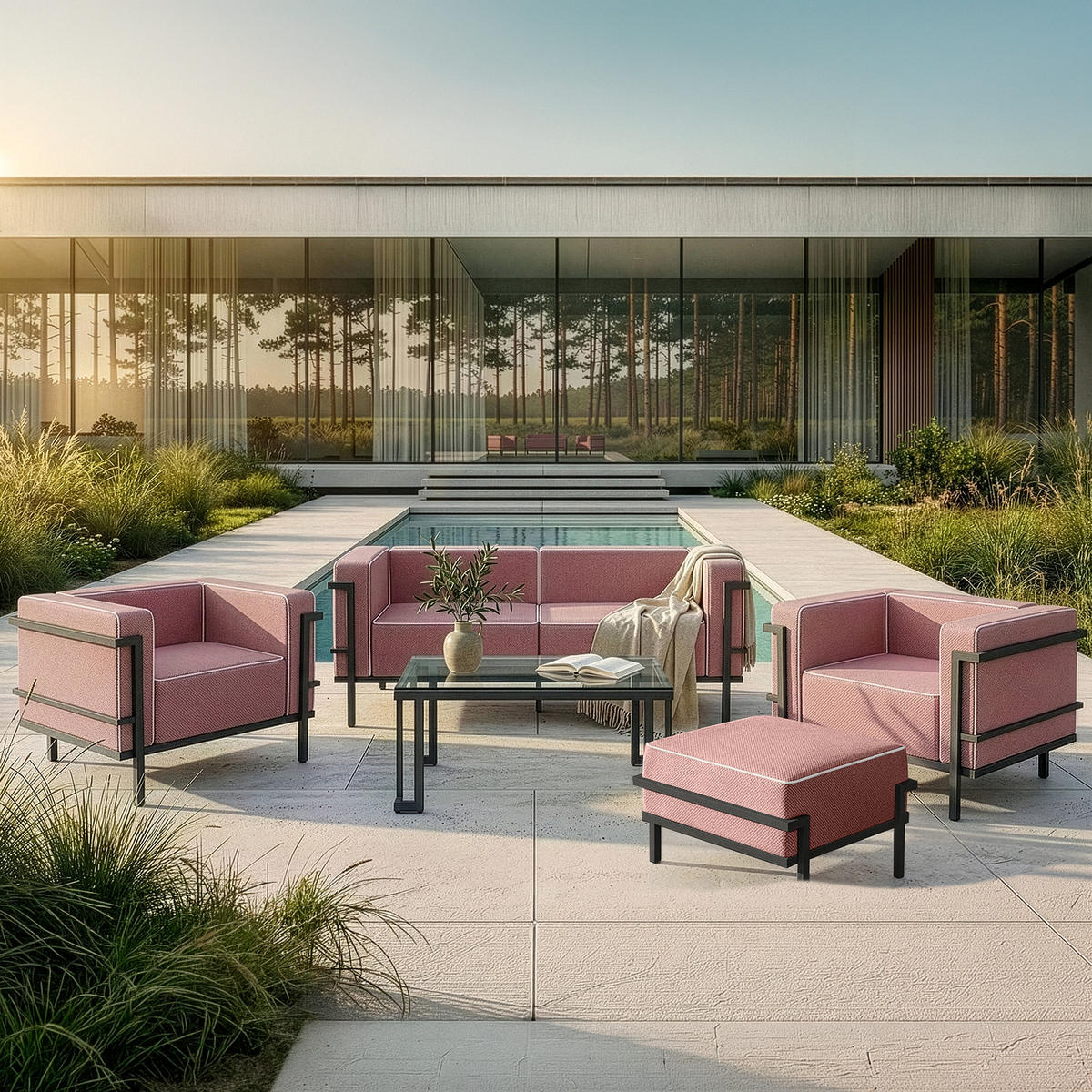 GARTENLOUNGE-HOCKER TRIGLO auf Metallfüßen, Modern, Dunkelgrau - Dunkelgrau/Rot, Textil/Metall (69/44/54cm) - KONSIMO®