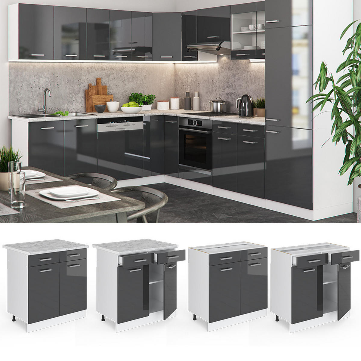 KÜCHENUNTERSCHRANK R-Line Anthrazit Hochglanz 80 cm, AP Eiche - Schwarz Hochglanz/Anthrazit, Holzwerkstoff (80/81.6/60cm) - Vicco